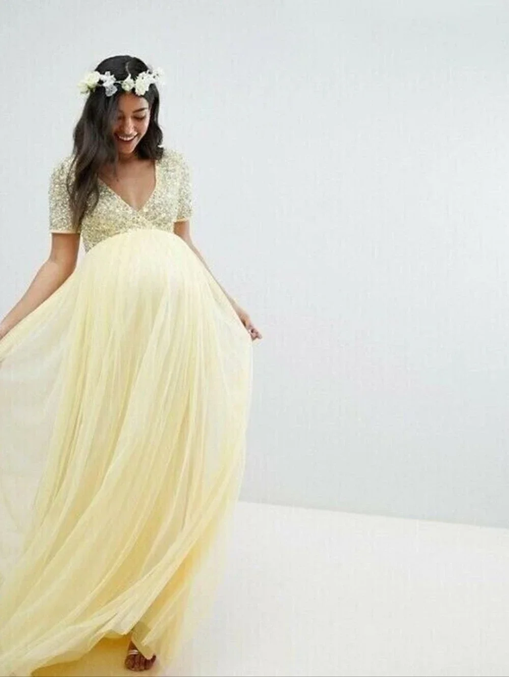 Maya Maternity Cap Sleeve Delicate Sequin Detail Tulle Maxi Dress in Lemon 10 - Picture 5 of 15